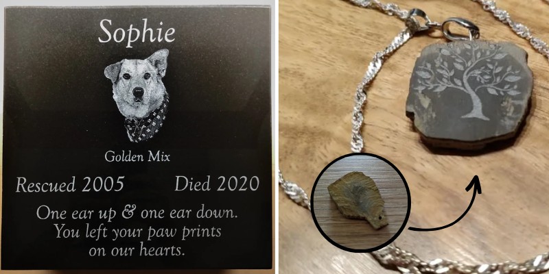 Pet marker engraved on black granite (Source: Reddit) and a stone engraved and turned into jewelry as  an anniversary gift (Source: Reddit)
