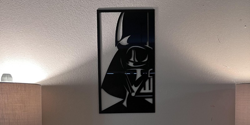 Black acrylic Darth Vader mask wall decor laser cut on a Makeblock laser machine. Source: Reddit