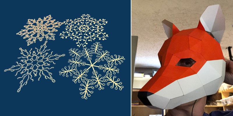 Musical notes paper snowflakes done on the xTool M1 (Source: Reddit) and Savage Fox mask made out of stiff watercolor paper laser cut on a Glowforge (Source: Glowforge Gallery)