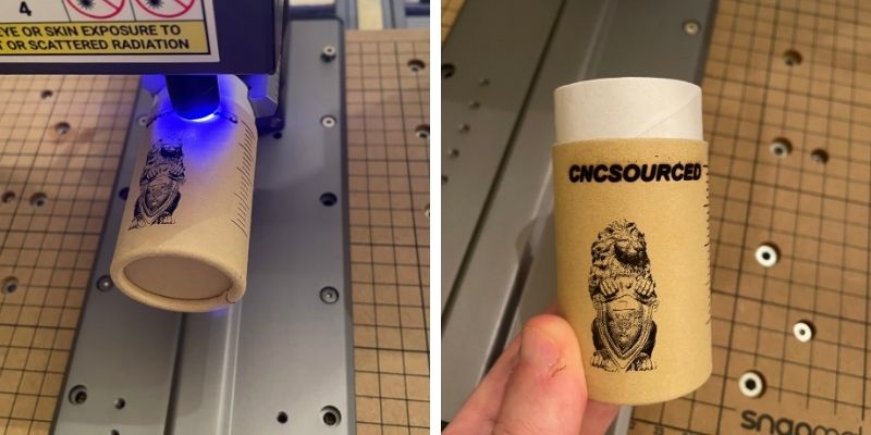 Testing the Snapmaker 4-axis rotary attachment for engraving rounded objects.