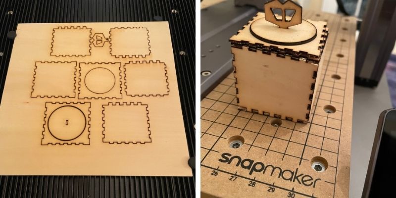 Snapmaker 2.0 laser head cutting a wooden box.