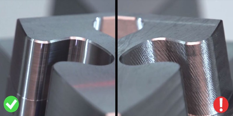 A CNC machined metal part depicting a smooth surface on the left and the result of chatter on the right