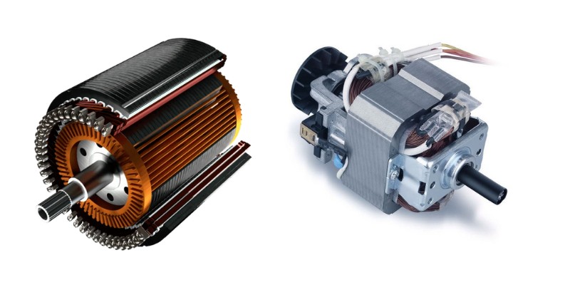 An induction motor is pictured on the left and a universal motor is on the right