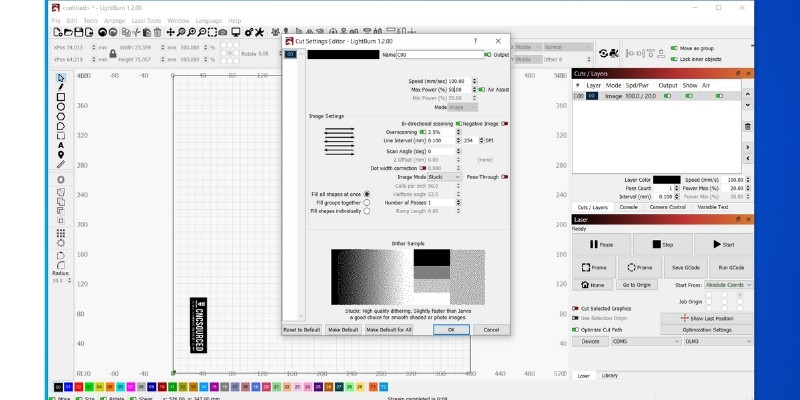 Lightburn settings for Ortur Laser Master 3 for engraving wood