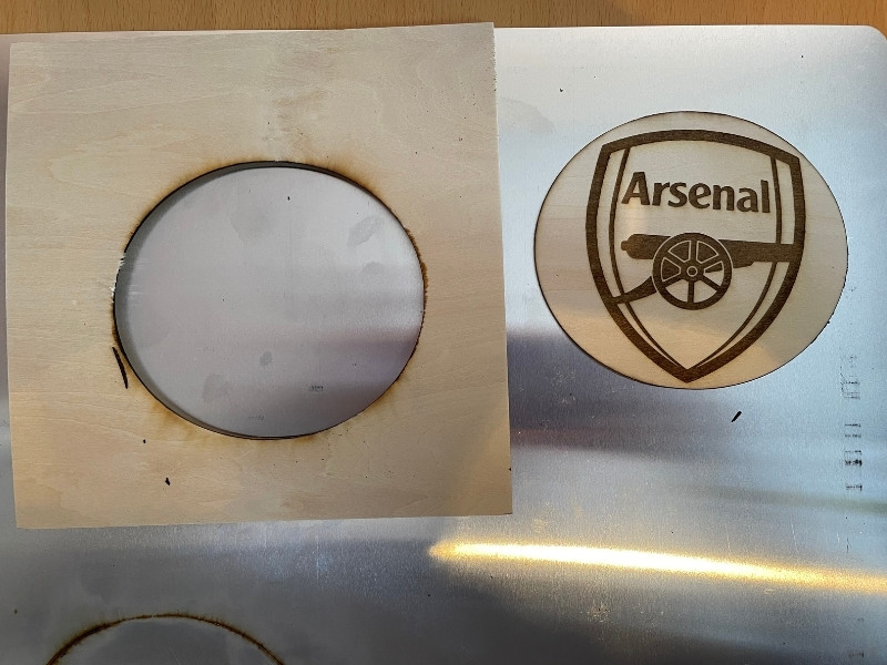 Ortur LM3 laser cutting a coaster test Arsenal FC badge engraving