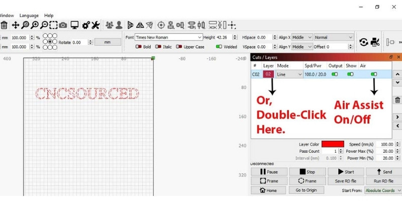 Demo of how to turn air assist on or off in a layer in Lightburn