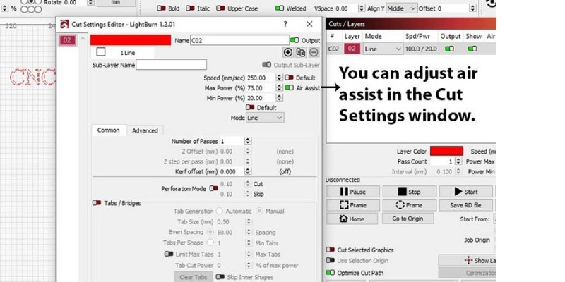 Demo of turning air assist on or off via the Cut Settings in Lightburn