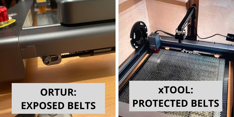 xTool D1 Pro build quality, with protected belts vs the Ortur LM3 which are exposed