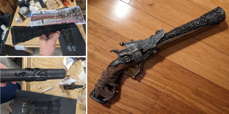 The Hunter Pistol from Bloodborne mostly made out of laser cut high density eva foam and glued onto a PVC pipe core. (Source: Twitter)