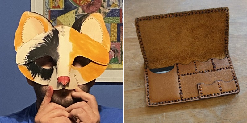 Cat leather mask laser cut on the xTool M1 with How-to make here (Source: xTool) and Leather SD Card Wallet cut with additional stitch holes on a Glowforge Pro (Credit: Matt Porter)
