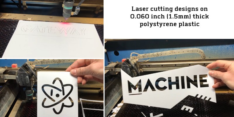 Laser cutting designs 1.5mm polystyrene plastic. Credit: Tyler Harney