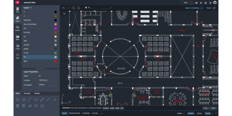 The user interface of Autodesks AutoCAD Web.