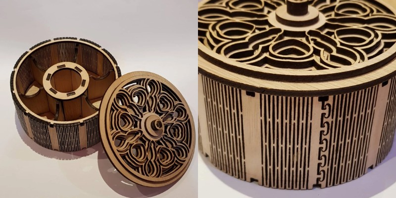 Plywood laser cut project and assembled to create a round storage box