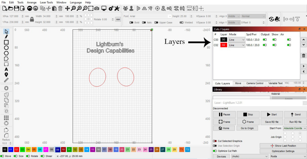 Layer options in Lightburn, one of the design features for laser cutting and engraving