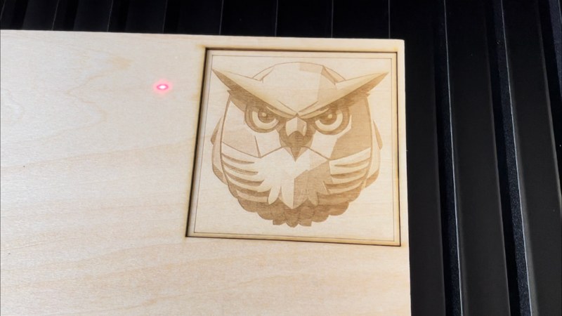 AI-generated owl design laser cut and engraved on 3mm basswood.