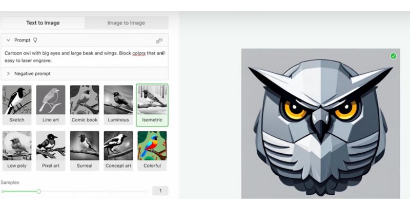 Using XCS software xArt tool with a prompt to createa an owl using the AI text-to-image features