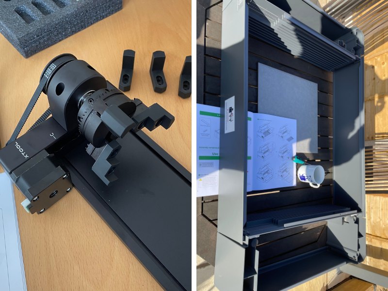 Accessories for the xTool P2. The RA2 rotary and riser base.